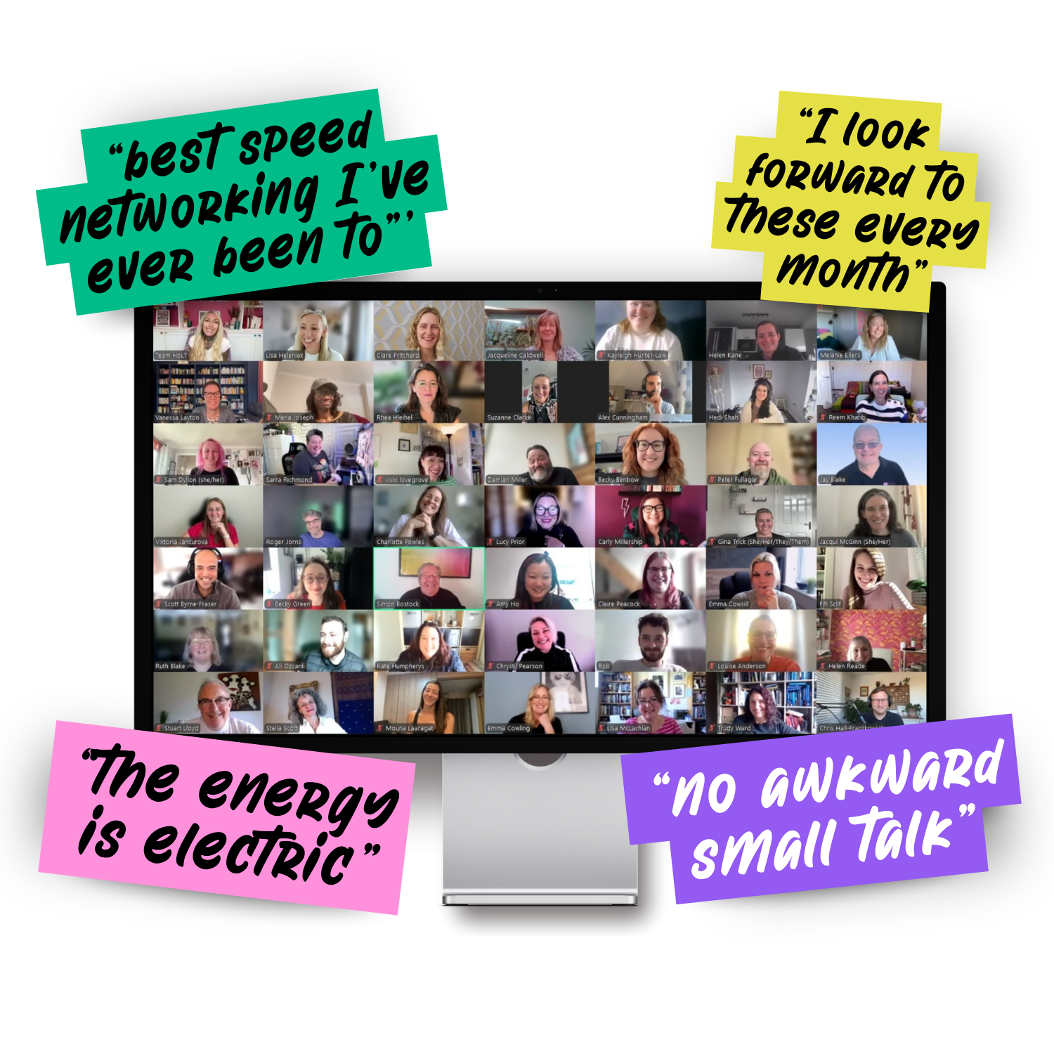 Screenshot of a virtual meeting with many participants, surrounded by colorful quote banners with positive feedback about the event.