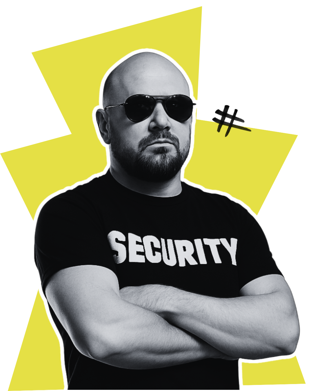 A man wearing sunglasses and a black t-shirt with the word 'SECURITY' printed on it, crossing his arms against a yellow background with graphic elements.