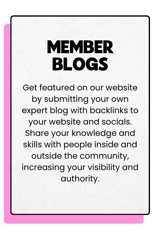 Information card titled "Member Blogs" explaining how members can submit their blogs to increase visibility and authority.