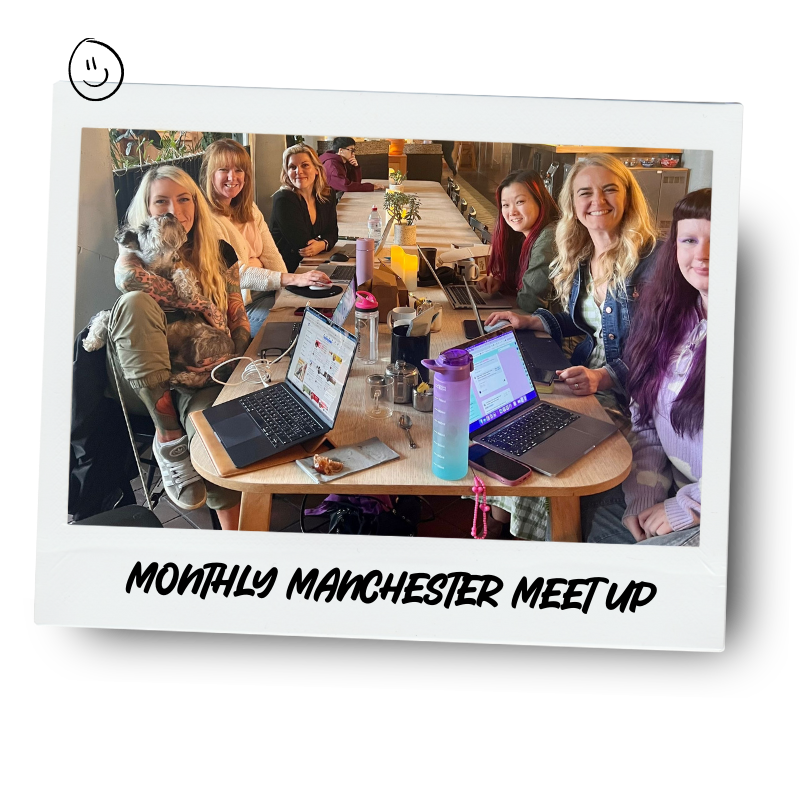 A group of people sitting around a long table at a meeting, with laptops and drinks, celebrating the Monthly Manchester Meetup.