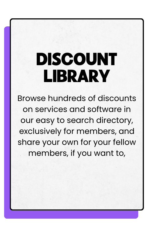 Poster for Discount Library, offering discounted services and software for members, with an option to share deals.