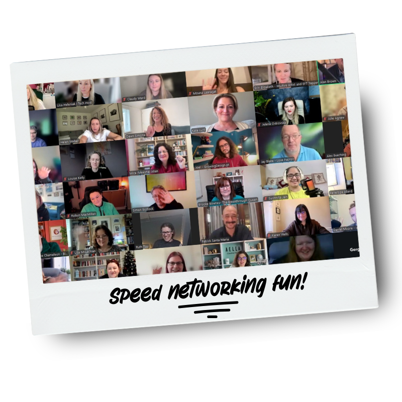 Screen capture of a virtual networking event with many participants on a video call, labeled as 'speed networking fun!'