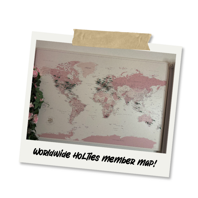 A framed world map with pink landmasses and green accents, decorated with pink flowers on the side, and labeled 'Worldwide HOLTIES member map!' at the bottom.