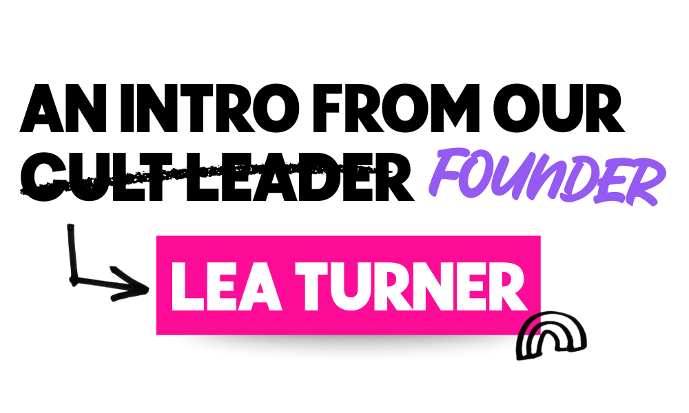 Logo of Lea Turner, founder, with cursive and bold text styles in pink, purple, and black.