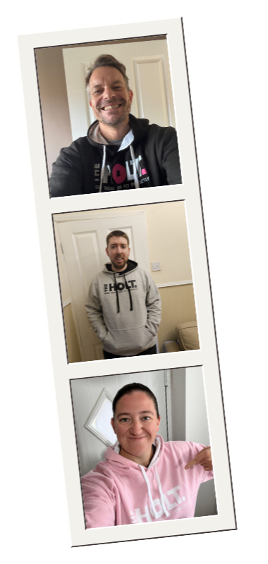 A collage of three people taking selfies indoors, each smiling and wearing casual hoodies with HoLT branding.