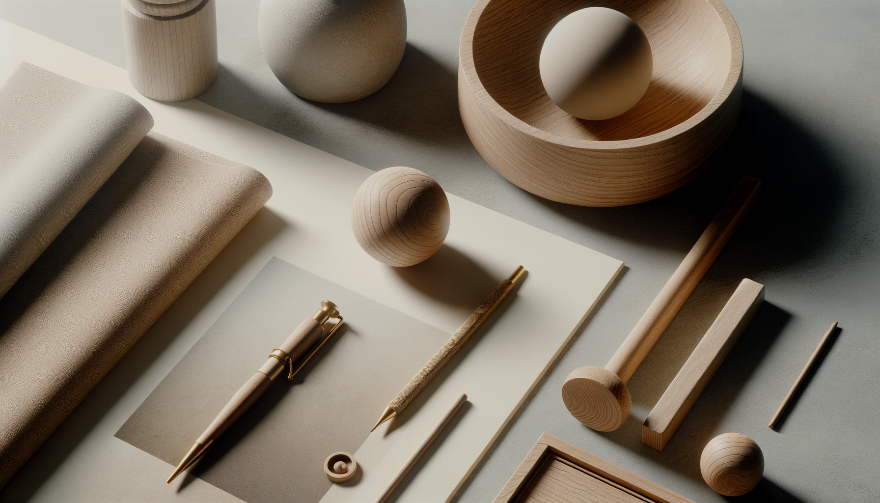 Arrangement of beige and natural wood-colored office accessories and decor, including folded fabrics, wooden balls, bowls, a pen, a pencil, and a paperclip on a light surface with soft natural lighting.