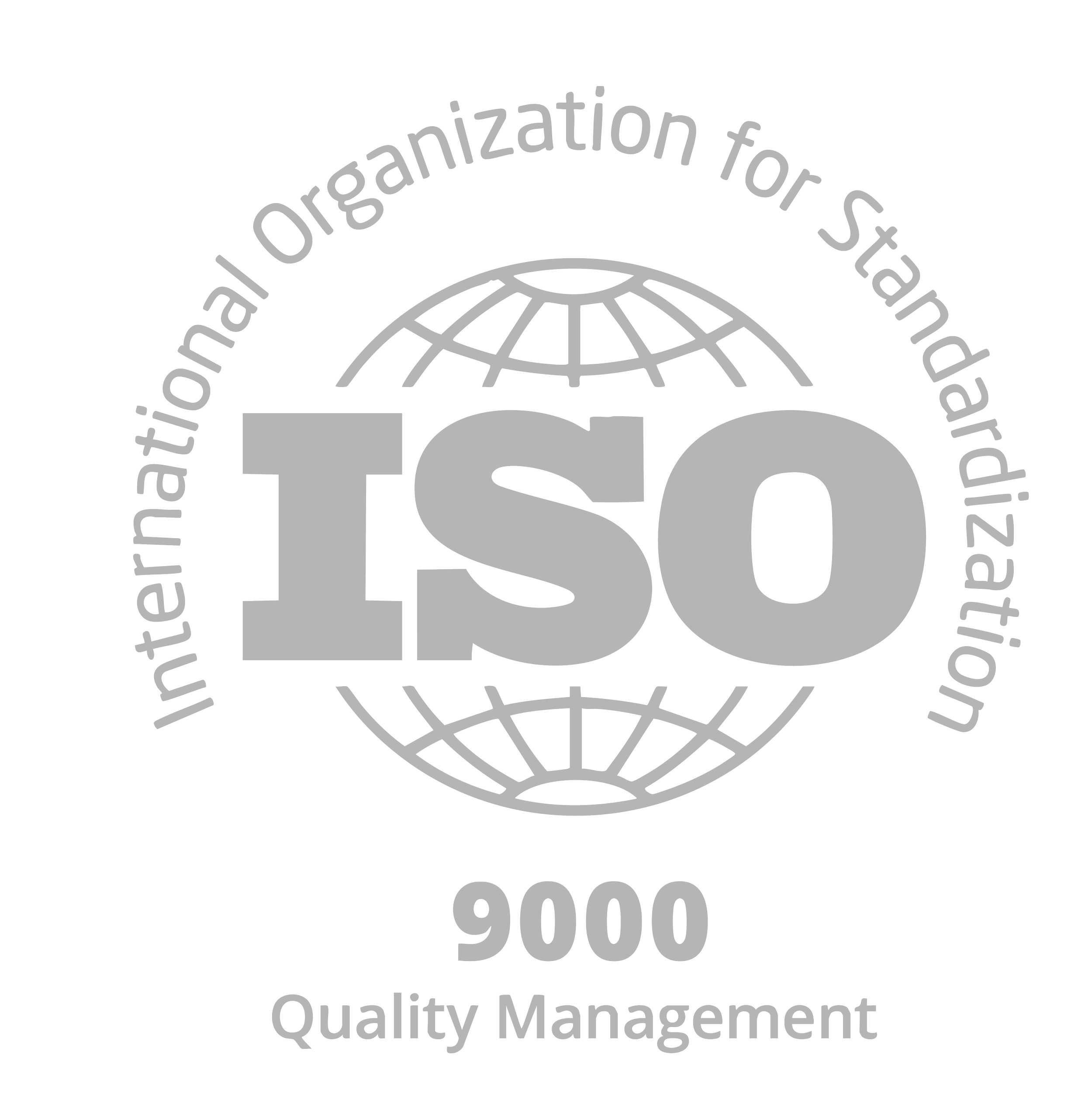Logotipo de gestión de calidad con un globo terráqueo y texto en inglés que dice 'International Organization for Standardization', 'ISO', y '9001', con letras en gris y fondo transparente.