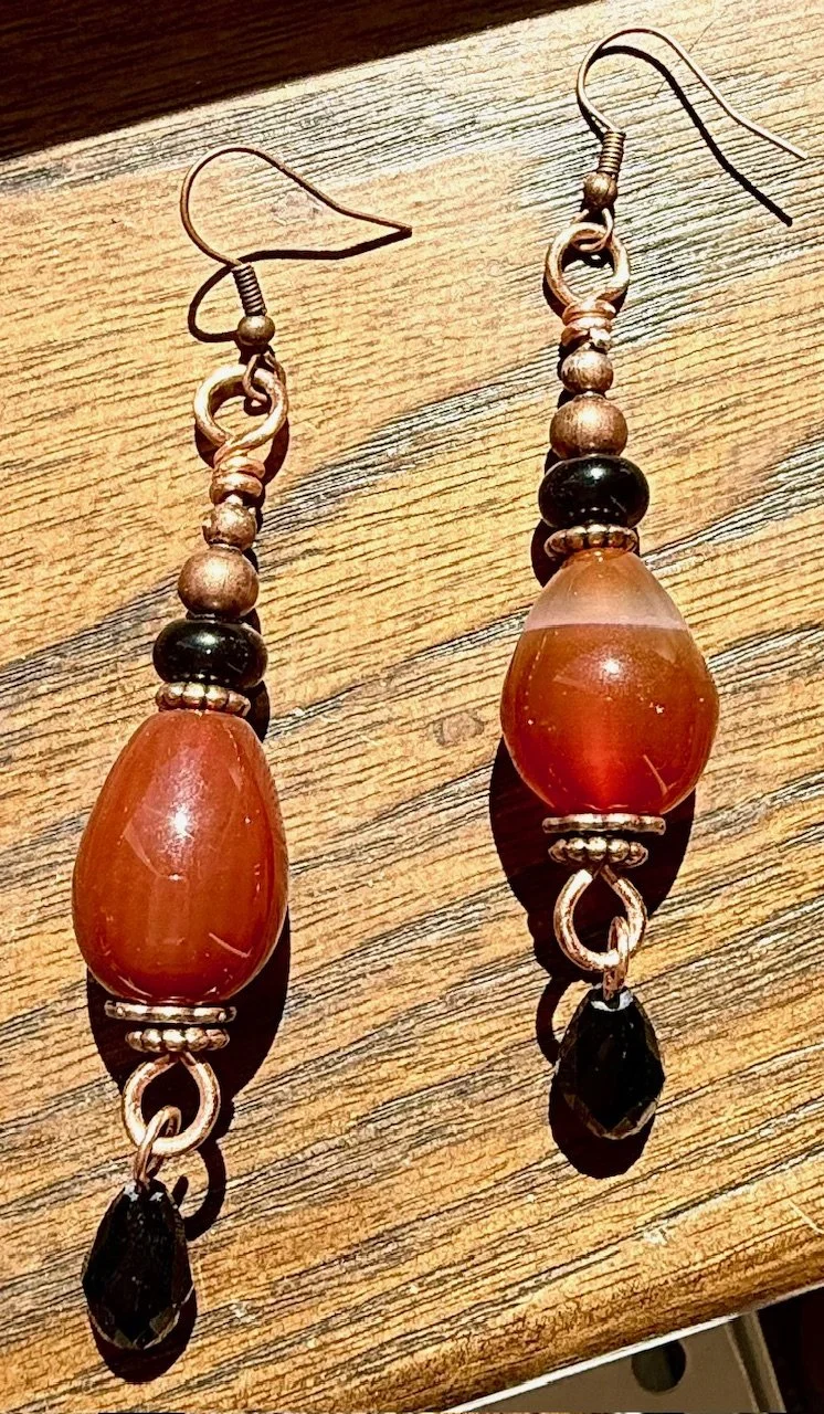 Carnelian and Obsidian Copper Earrings