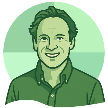 A cartoon illustration of a man with dark hair, smiling, wearing a collared shirt, set against a green background.