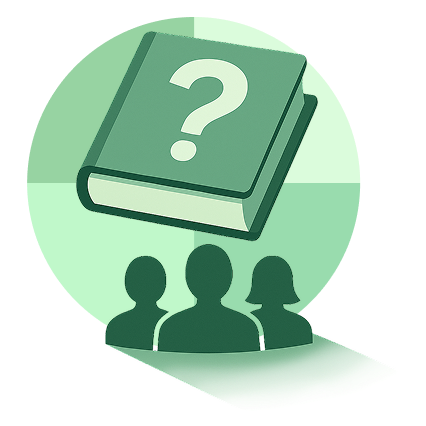 Silhouette of three people in front of a large book with a question mark on the cover.