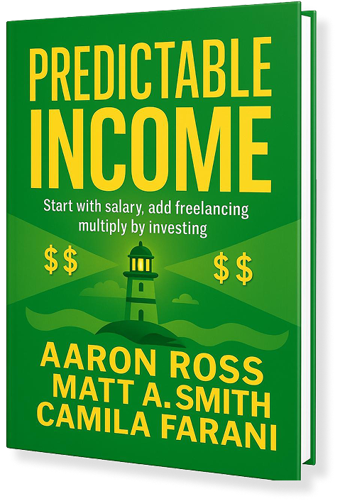 Book cover titled 'Predictable Income' with a green background, yellow text, and an illustration of a lighthouse with dollar signs.