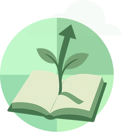 An open book with a plant growing from its pages, symbolizing growth and knowledge.