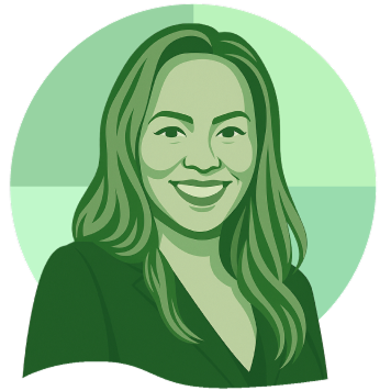 Illustration of a woman with long hair smiling, set against a circular green background.