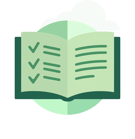 Open book with checkmarks on the left page and lines of text on the right page, in a green color scheme.