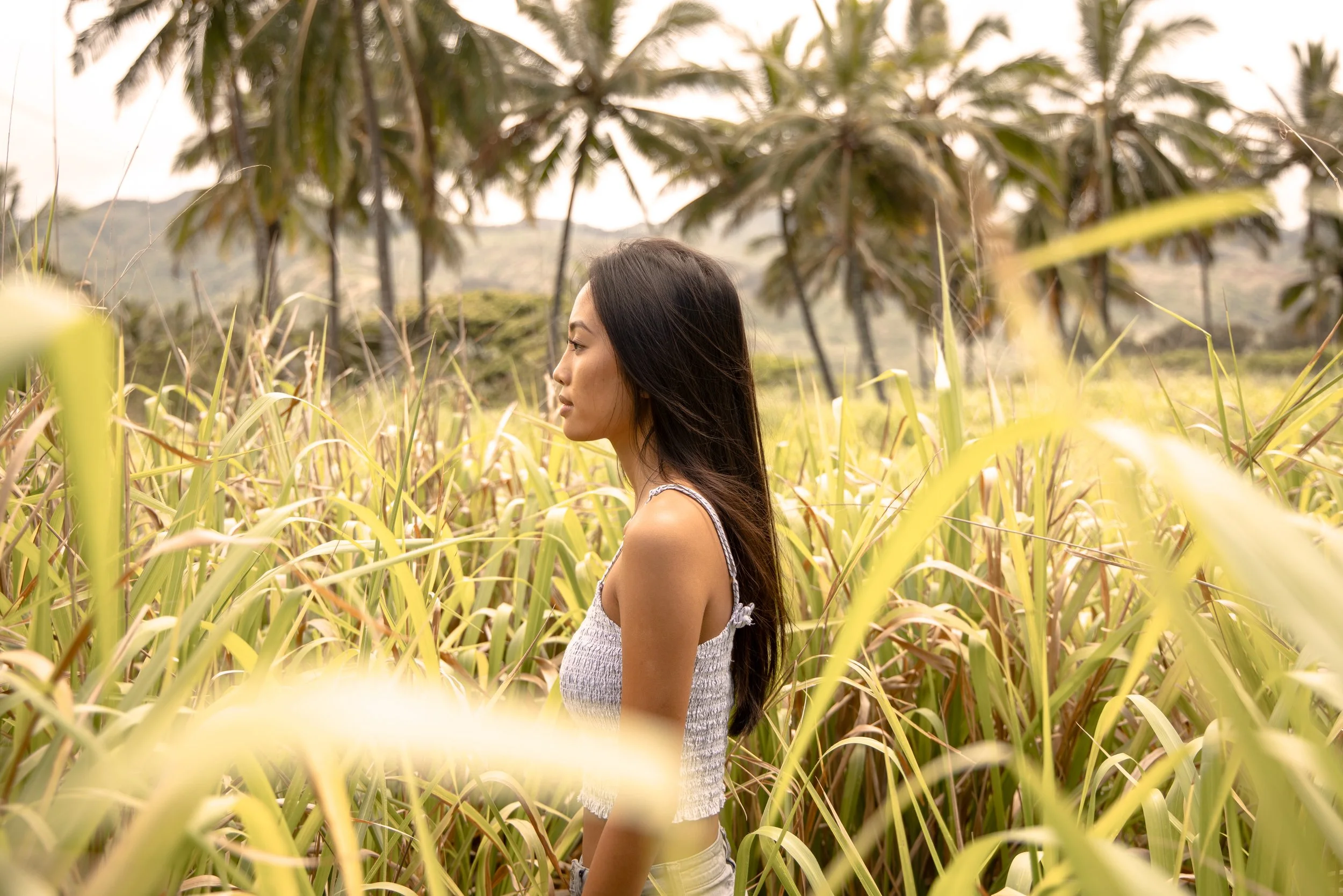 Outdoor graduation portrait of a woman in tall grass with natural light