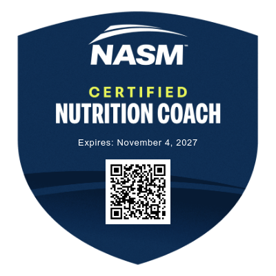 NASM Certified Nutrition Coach badge with expiration date November 4, 2027, featuring a QR code.