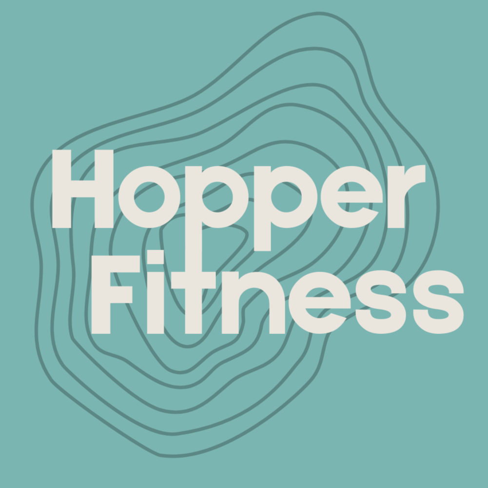 Logo for Hopper Fitness with a teal background and topographic lines.