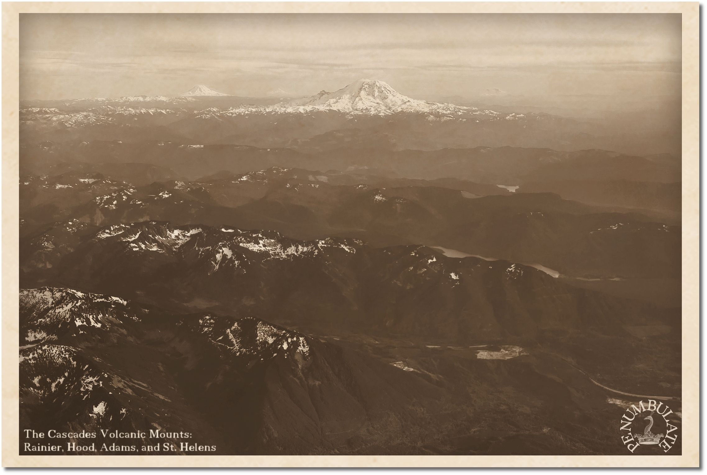 A sepia toned postcard in antique style showing the four volcanic peaks of the Cascades from a  plane window, with Hood, Adams, and St Helens in the distance, and Rainier in the center foreground. Snow dapples the peaks and the sky is cloudy.,