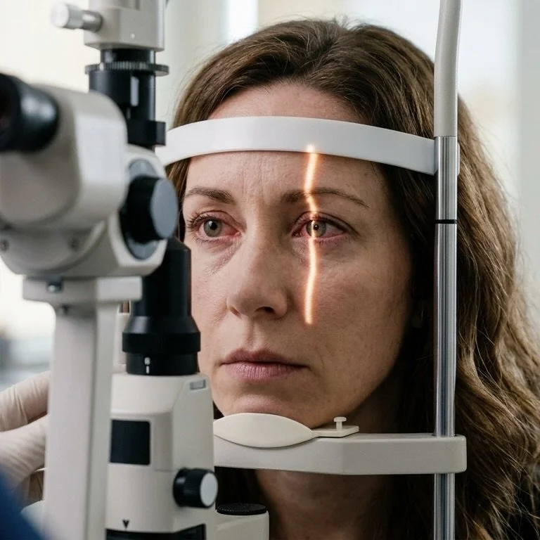 Woman with red irritated eyes receiving a slit lamp exam for autoimmune related eye inflammation at Bespoke Eye Care.