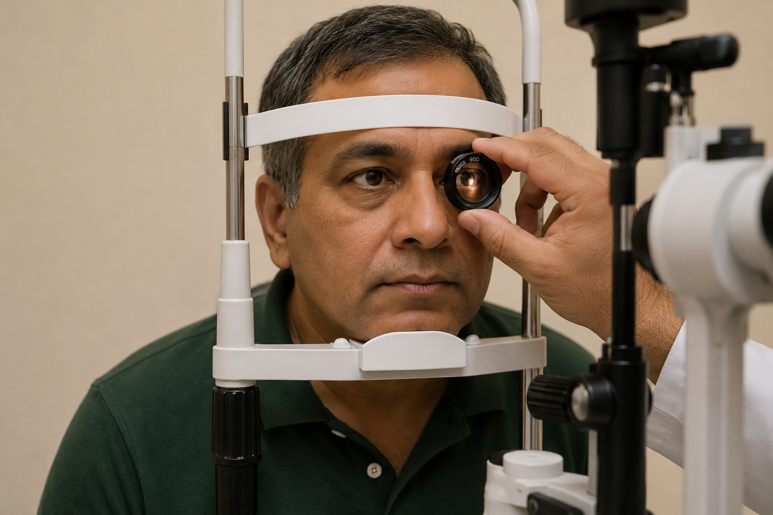 Diabetic patient receiving a dilated retinal exam at the slit lamp to screen for diabetic retinopathy at Bespoke Eye Care.