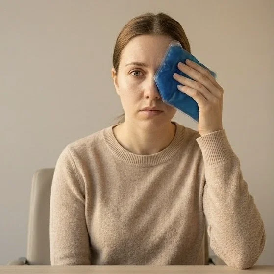 Young woman holding an ice pack to her eye, representing urgent eye injury care available at Bespoke Eye Care.