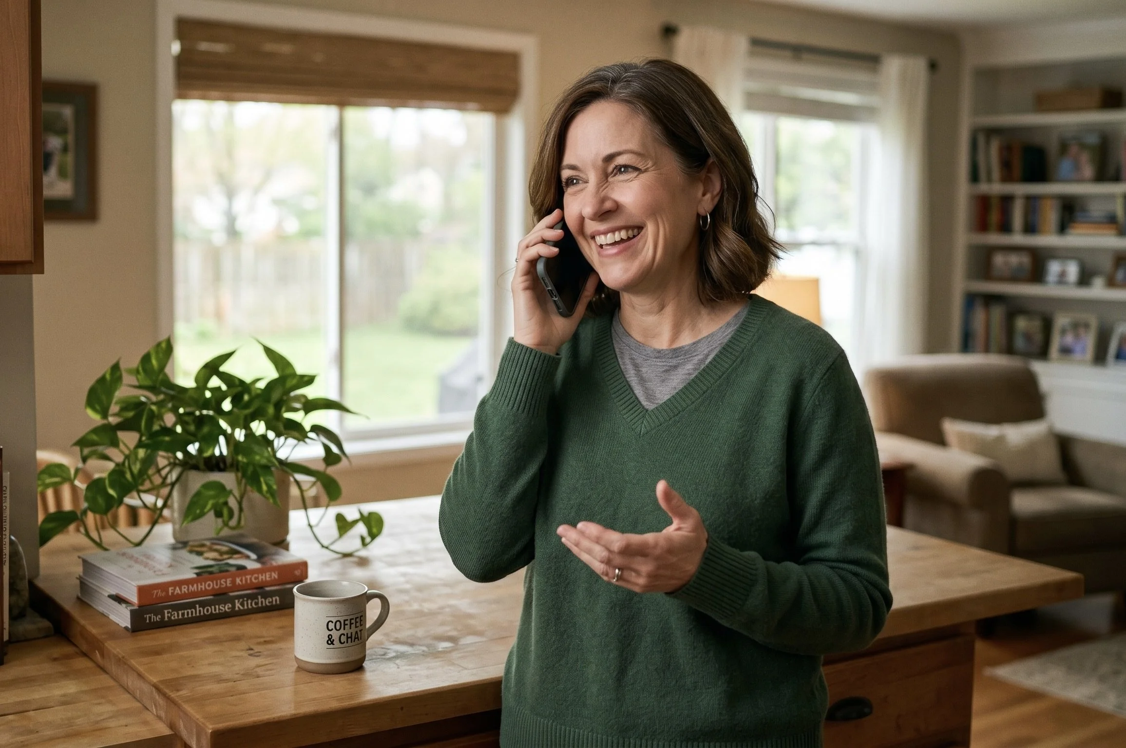 Woman smiling while scheduling an eye exam appointment by phone with Bespoke Eye Care from the comfort of her home.