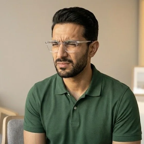 Young man squinting due to poor vision from keratoconus, a condition treated with specialty lenses at Bespoke Eye Care.