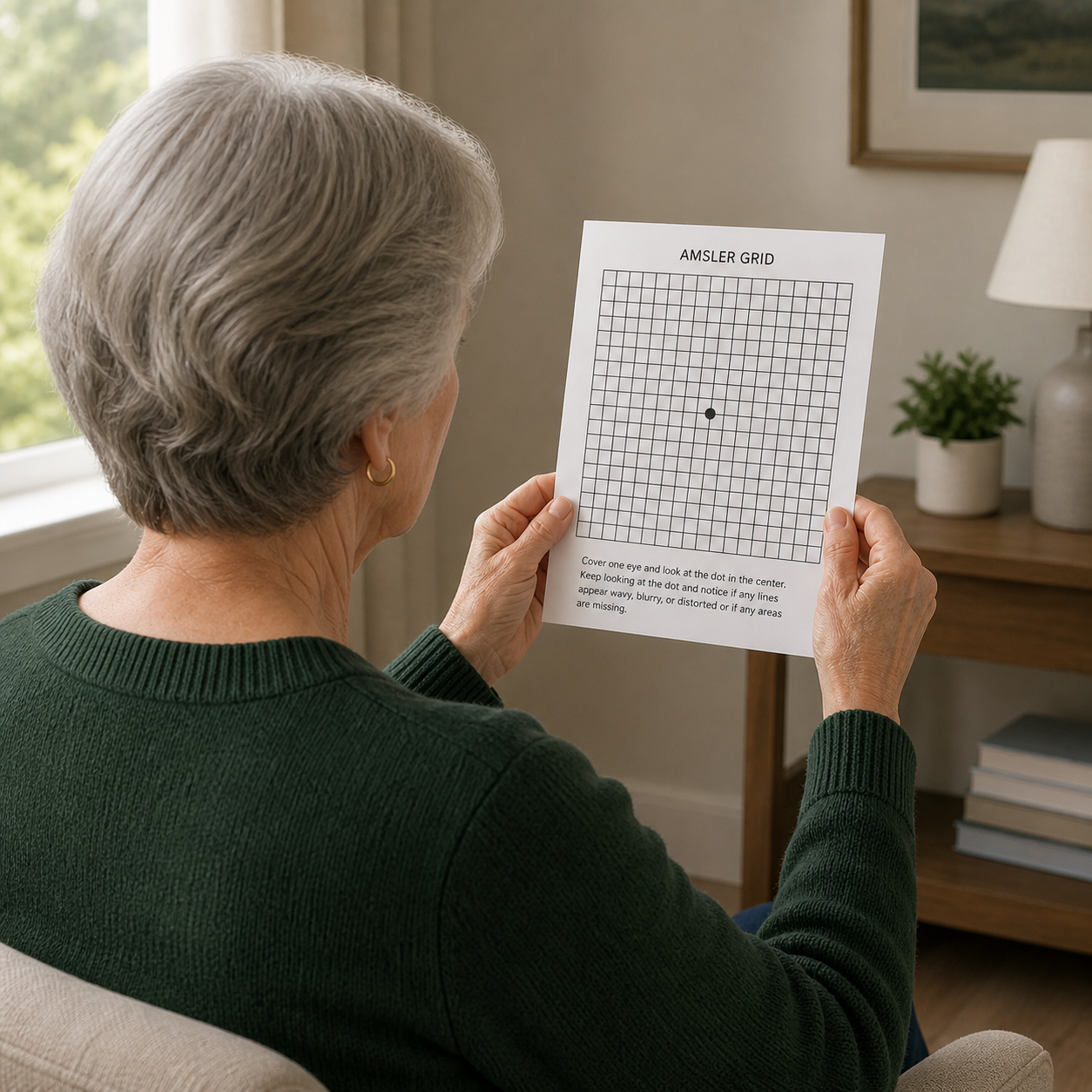 Woman checking her central vision using an Amsler grid to monitor macular degeneration at Bespoke Eye Care