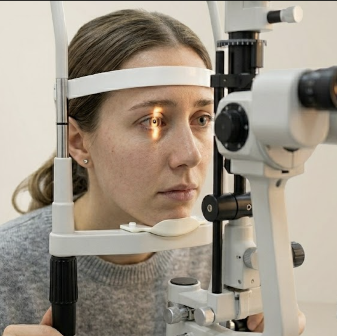 Young woman receiving a slit lamp eye health evaluation as part of her comprehensive eye exam at Bespoke Eye Care.