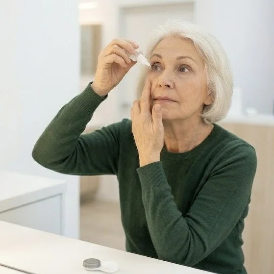 Woman applying cyclosporine eye drops for dry eye disease treatment as part of her care plan at Bespoke Eye Care.