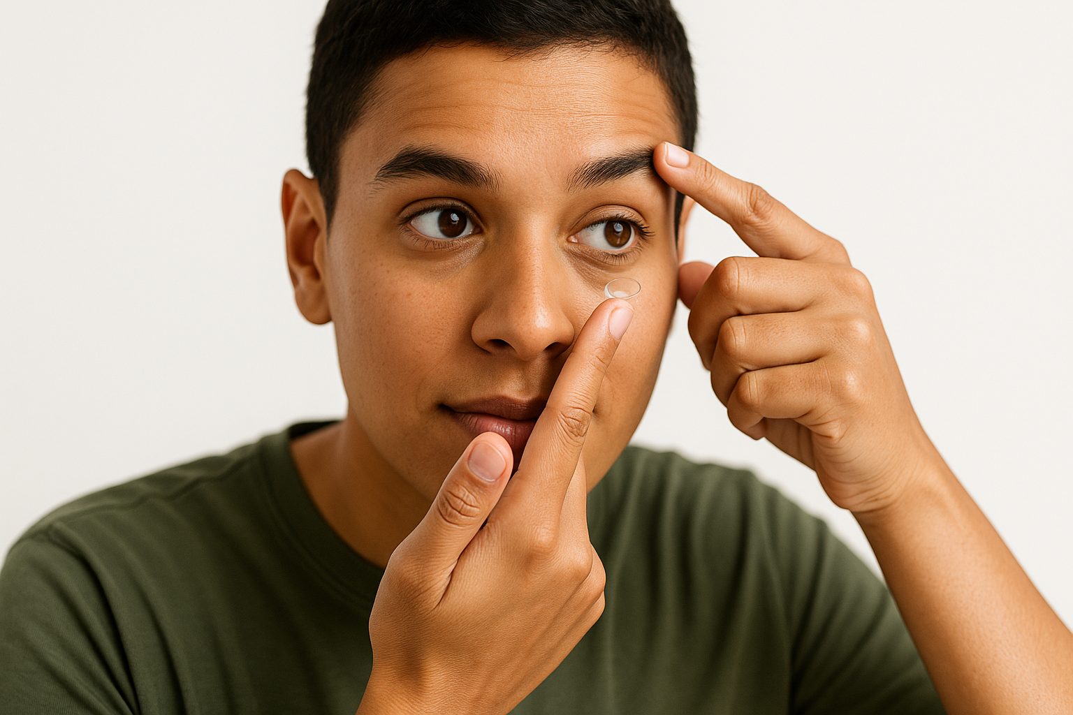 Young man inserting a contact lens, receiving expert contact lens fitting care at Bespoke Eye Care.