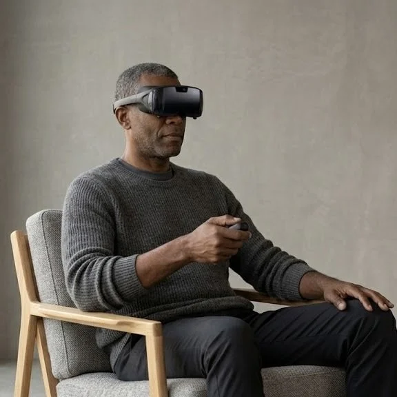 Glaucoma patient completing a visual field test on a VR device to monitor optic nerve health at Bespoke Eye Care.