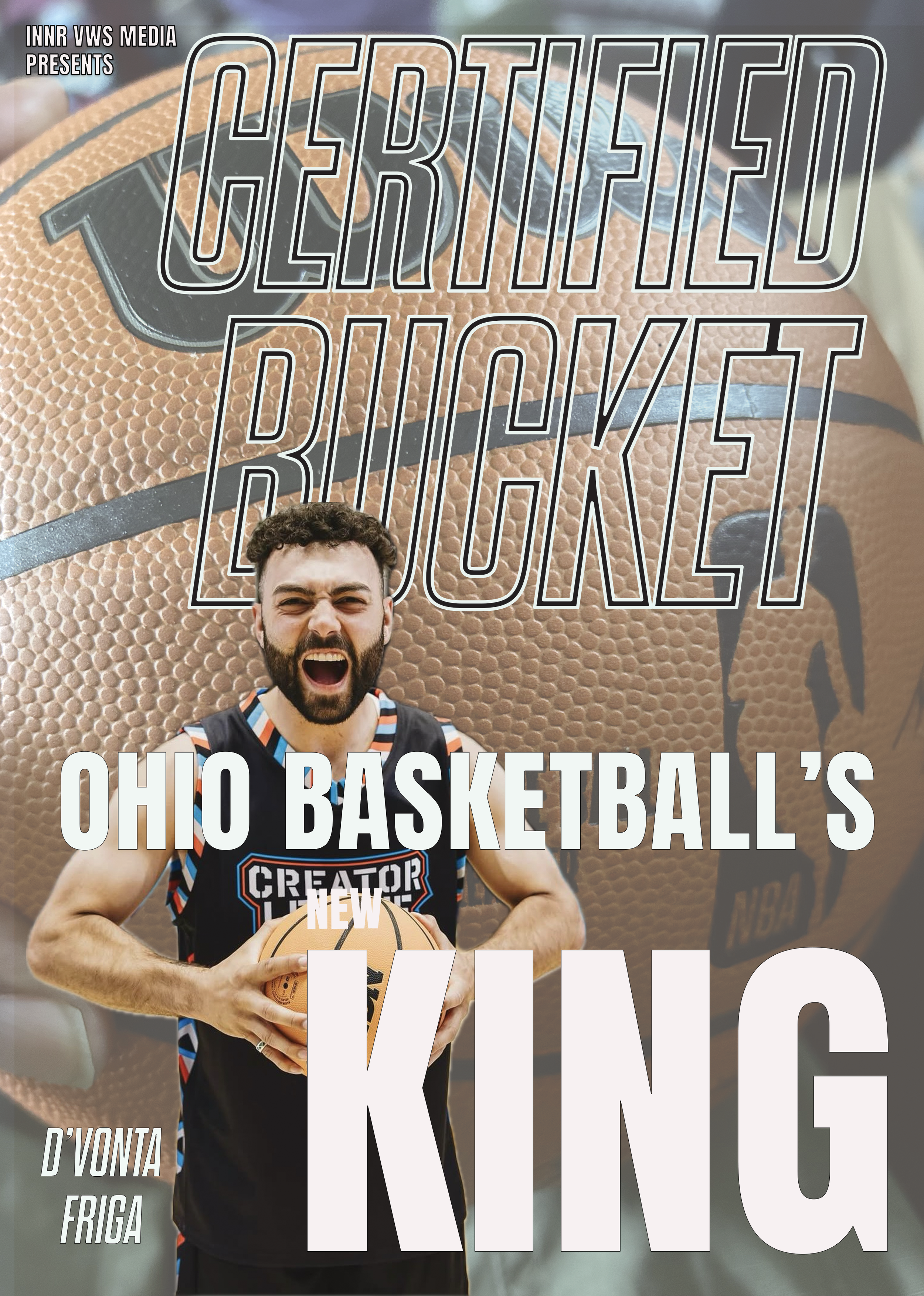 A basketball player in a black jersey holding a basketball, standing in front of a giant basketball background, with overlaid text about Ohio basketball and the new king.