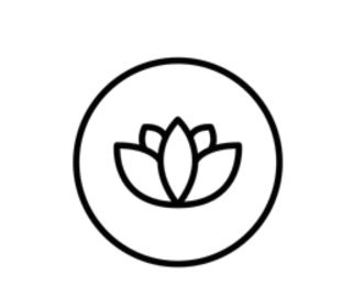 A minimalist black and white logo with a stylized floral or tree design inside a circle.