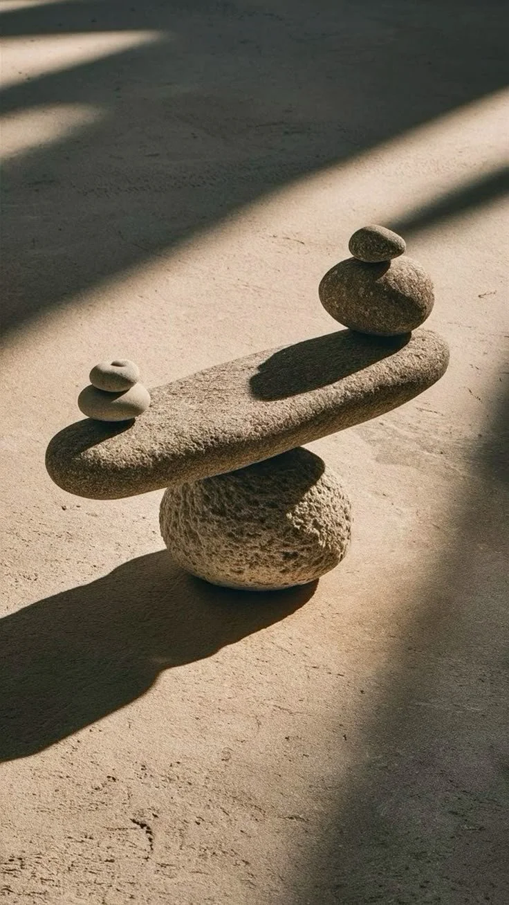 Stacked stones on a flat surface with shadows cast across the sand.