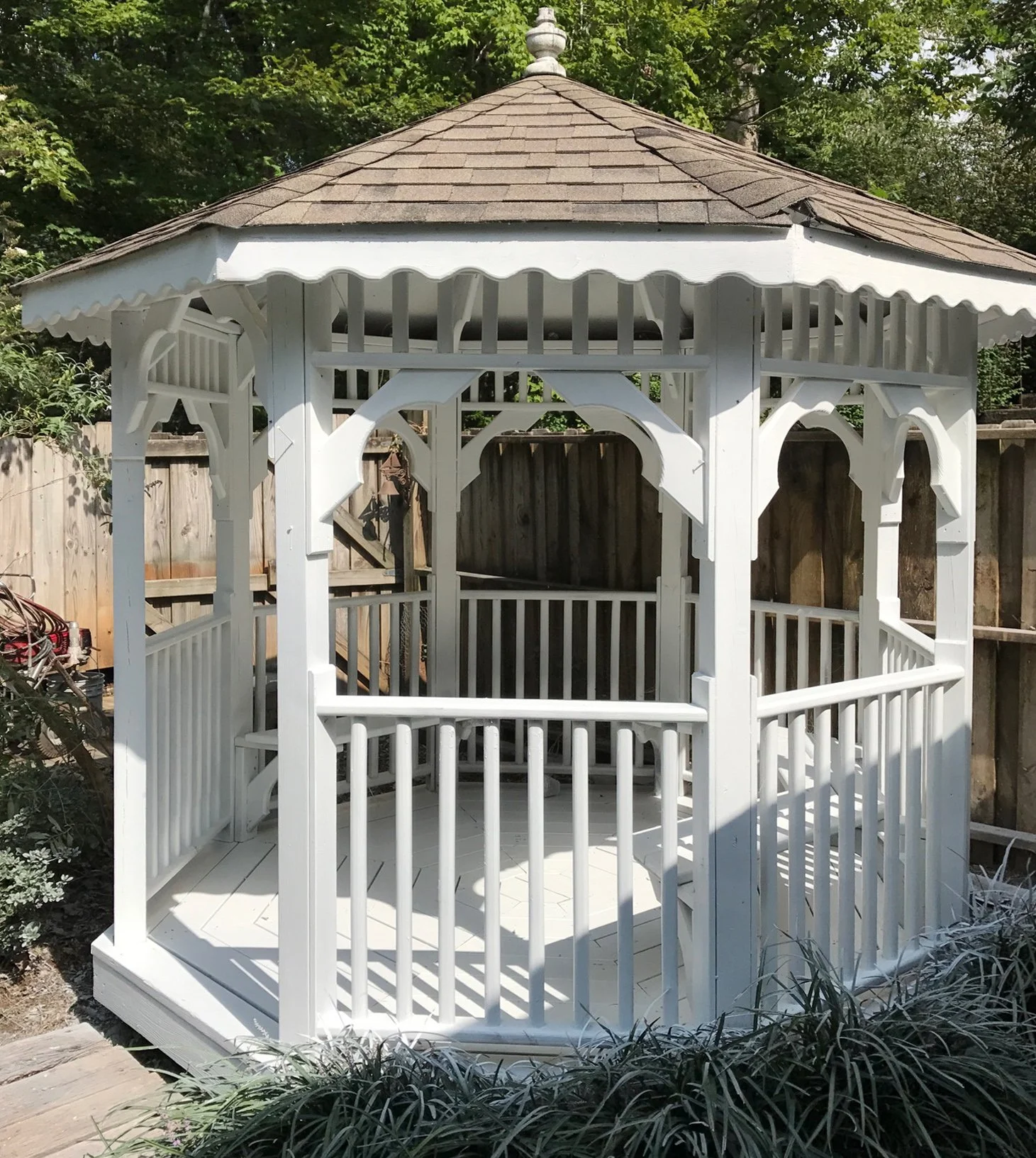 Dingy grey pagoda, freshly painted to an inviting white, Franklin, NC.