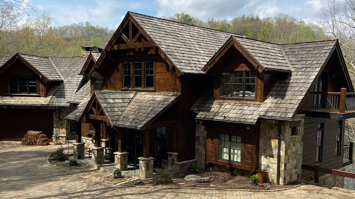 Sharp's Painting, LLC, WNC: large dark wood and stone house, freshly stained