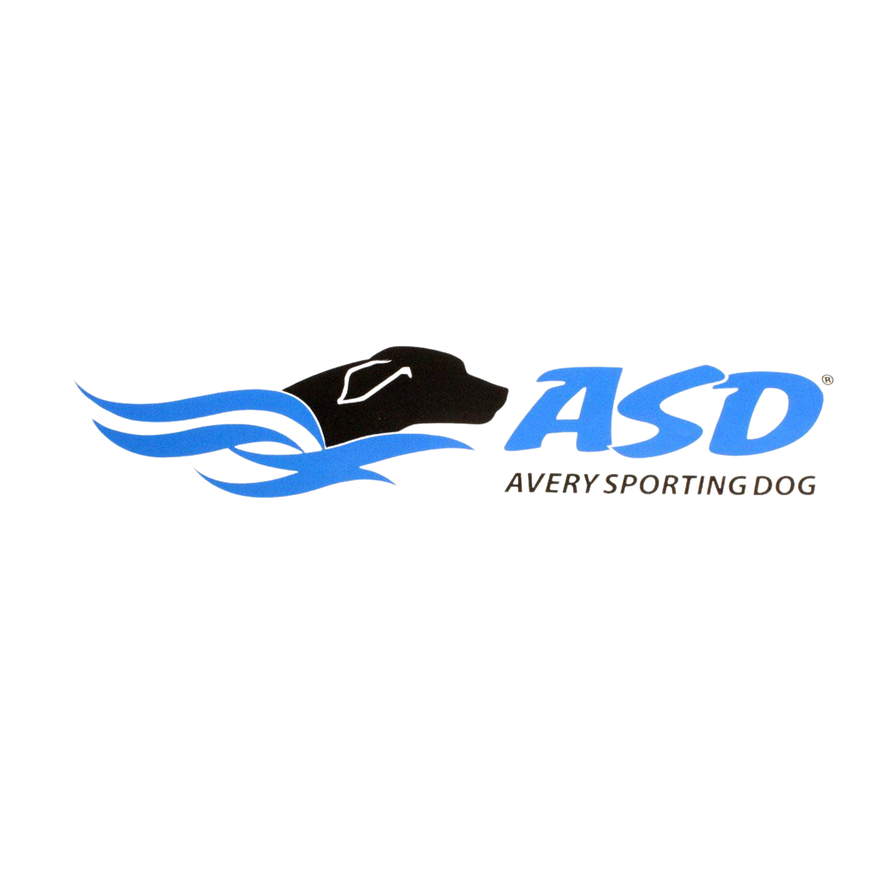 Logo for ASD, Avery Sporting Dog, featuring a black racing dog head with blue stylized wings and bold blue letters 'ASD', with the tagline 'Avery Sporting Dog' below.