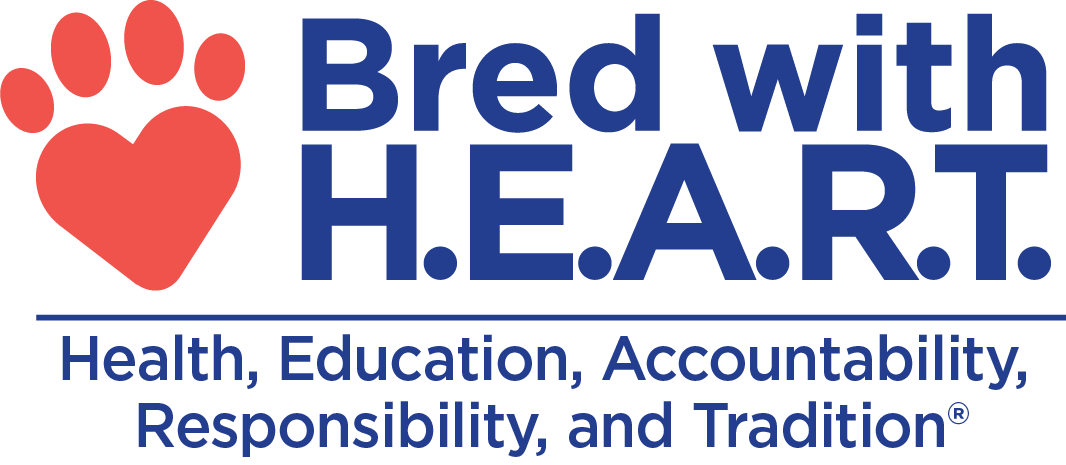 Logo with a red heart-shaped paw print and the words "Bred with H.E.A.R.T." followed by the phrase "Health, Education, Accountability, Responsibility, and Tradition".