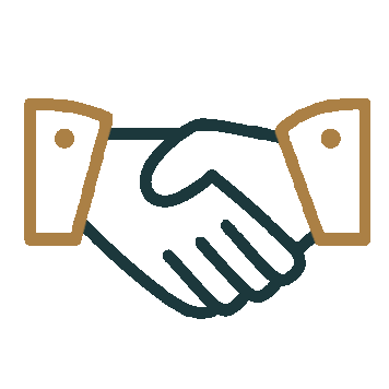 Illustration of a handshake with one hand in brown and the other in dark blue.