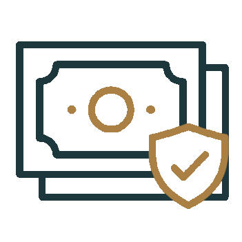 Illustration of a dollar bill with a shield featuring a checkmark, symbolizing financial security or protection.