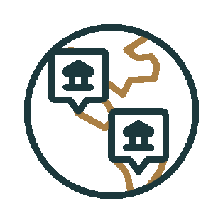 A globe with location markers featuring house icons and a connecting line, symbolizing global real estate or property connections.