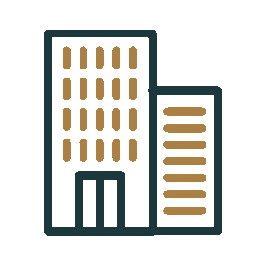 Sketch of a multi-story office building with a smaller adjacent structure.