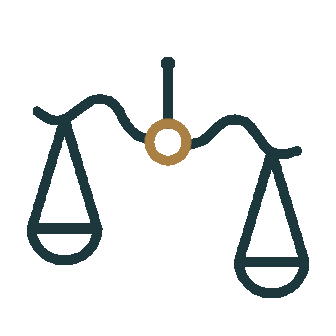 Icon of a balanced scale with a small circle in the center, representing justice or law.