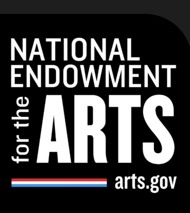 Logo for the National Endowment for the Arts featuring white text on a black background with a small red, white, and blue stripe and the website arts.gov at the bottom.