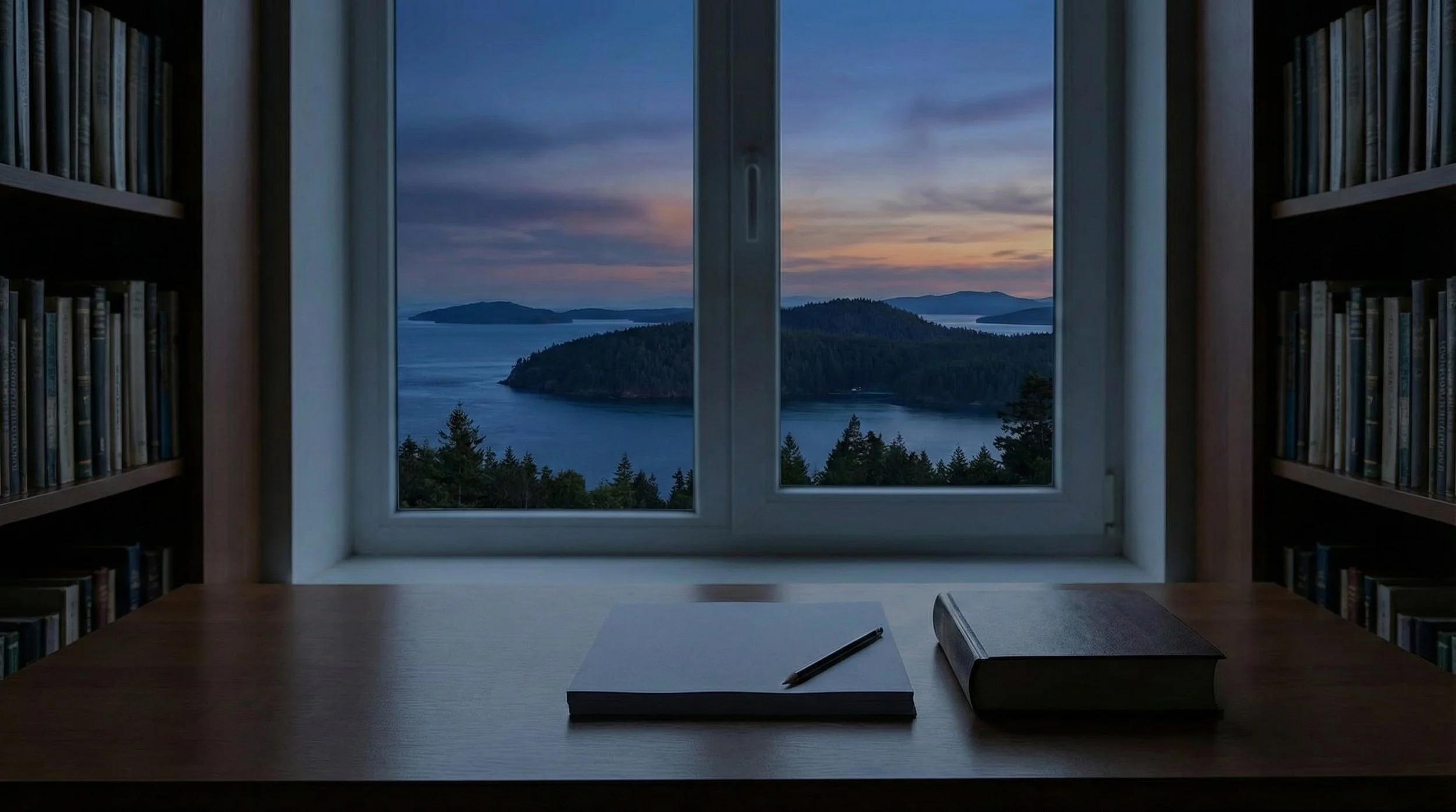 View through a window showing a scenic landscape of islands, water, and trees during sunset, with a desk in the foreground holding a notebook, a pen, and a closed book, flanked by bookshelves.