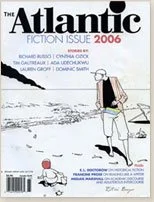 Cover of Atlantic Fiction Issue 2006 with a woman sitting on a dock, fishing rod in hand, and a small boat in the background.