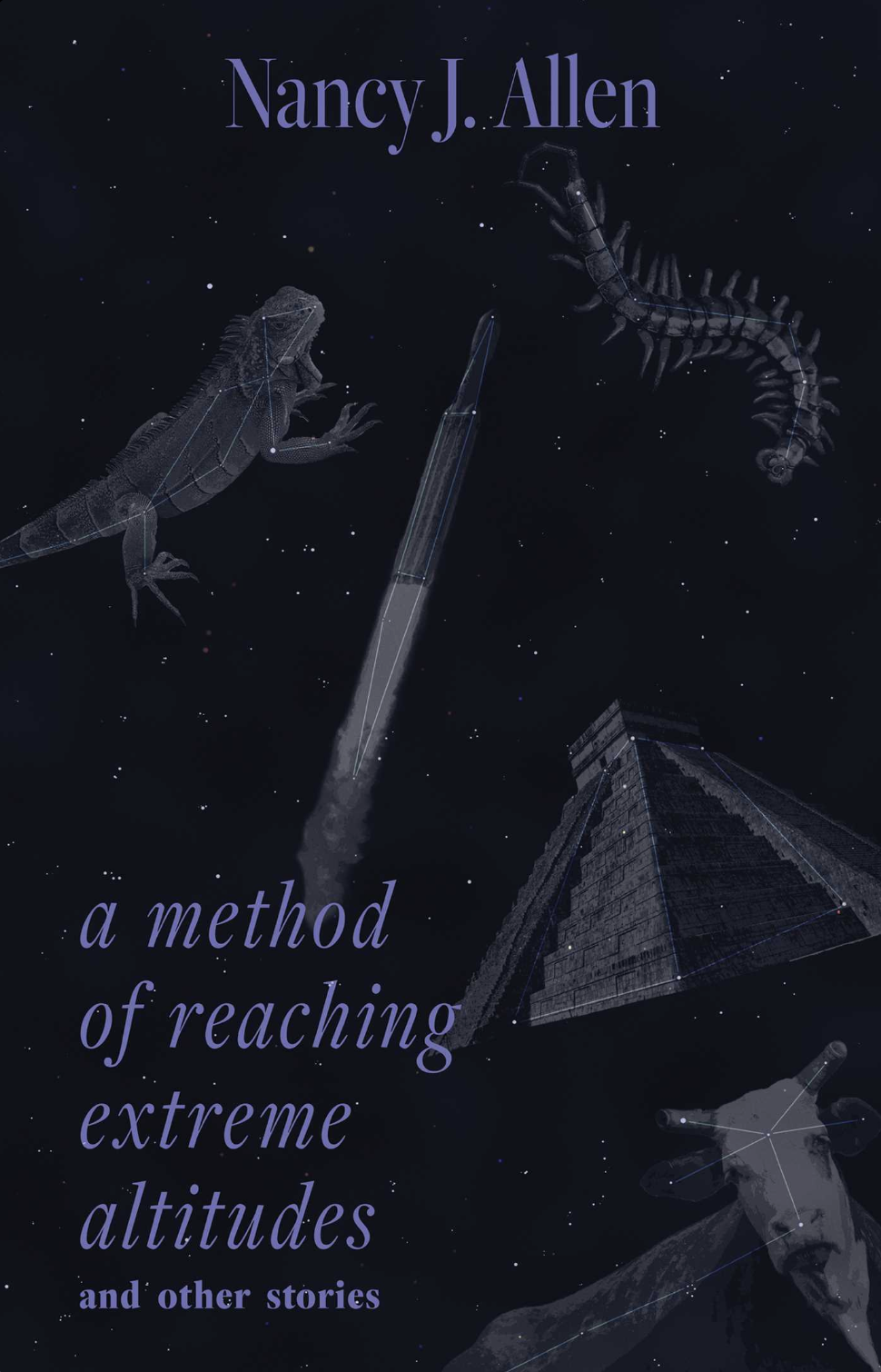 Book cover titled 'Nancy J. Allen' with stars and constellations, featuring illustrations of a lizard, a centipede, a pyramid, and a crab in a space setting.