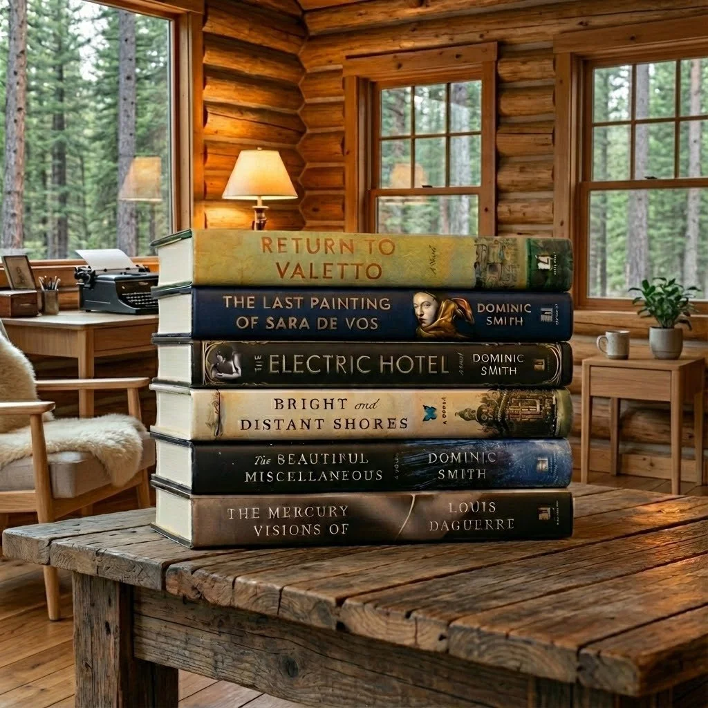 Stack of seven large hardcover books on a rustic wooden table in a cozy log cabin interior, with large windows showing trees outside. The books have titles including 'Return to Valetto,' 'The Last Painting of Sara de Vos,' 'The Electric Hotel,' 'Bright and Distant Shores,' 'The Beautiful Miscellaneous,' and 'The Mercury Visions of.'