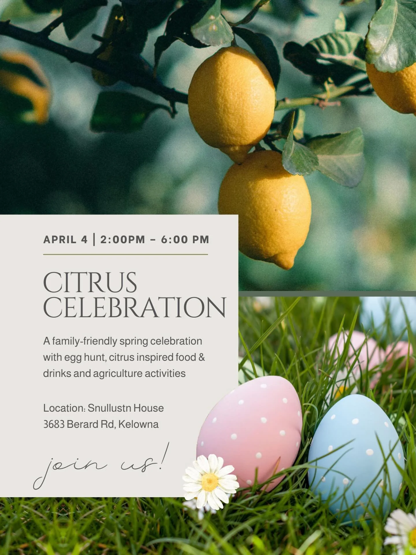 Citrus Celebration 🍋🌿 Join us for a family-friendly spring gathering on the land. 

Enjoy a relaxed picnic-style afternoon with:

&bull; Kids&rsquo; Easter egg hunt
&bull; Citrus-inspired food and drinks
&bull; Hands-on agriculture activities
&bull